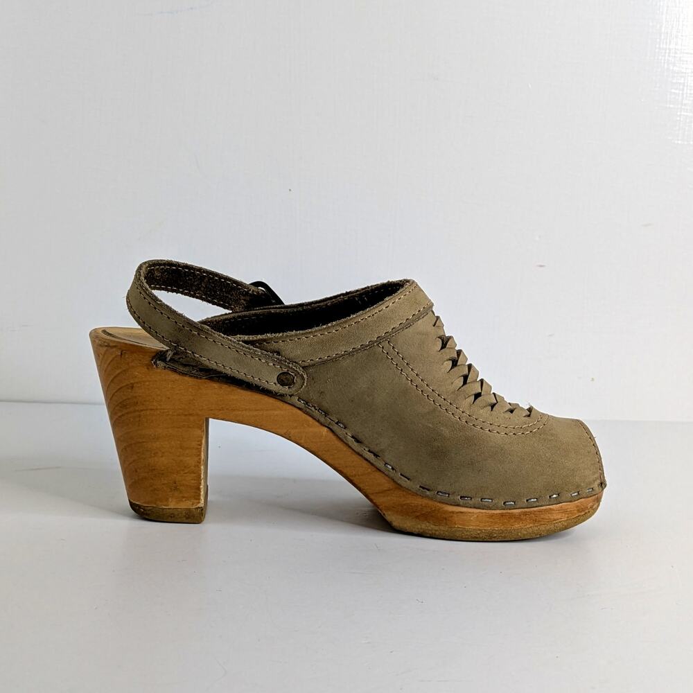 No. 6 Peep Toe Clogs 36 Tan Leather Wood Heel Strap Braided Vamp 6-6.5 - Picture 9 of 15